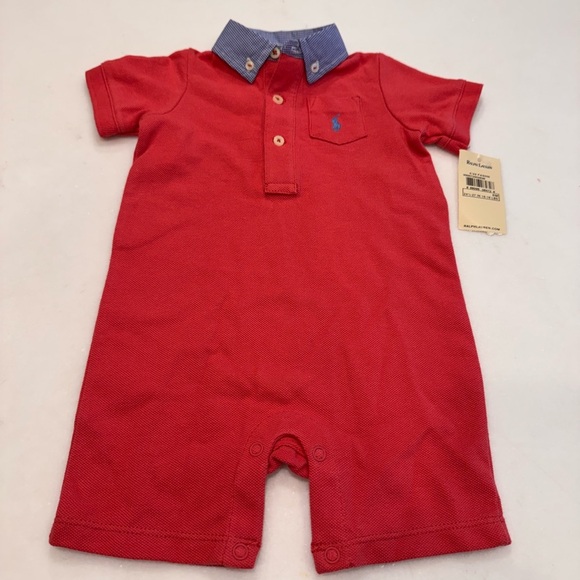 Ralph Lauren Baby Boy Collared Romper Salmon/ Red Sz 6 Months NWT - Picture 7 of 8